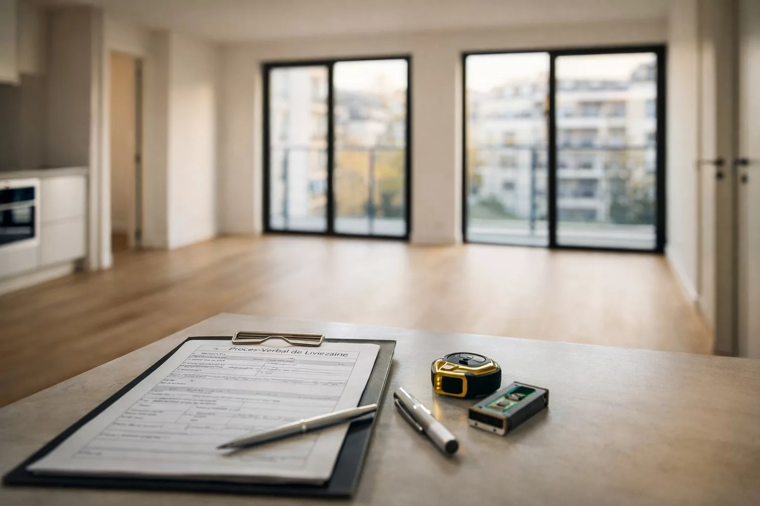 Procès-verbal de livraison VEFA et outils d'inspection posés sur un plan de travail dans un appartement neuf en Île-de-France