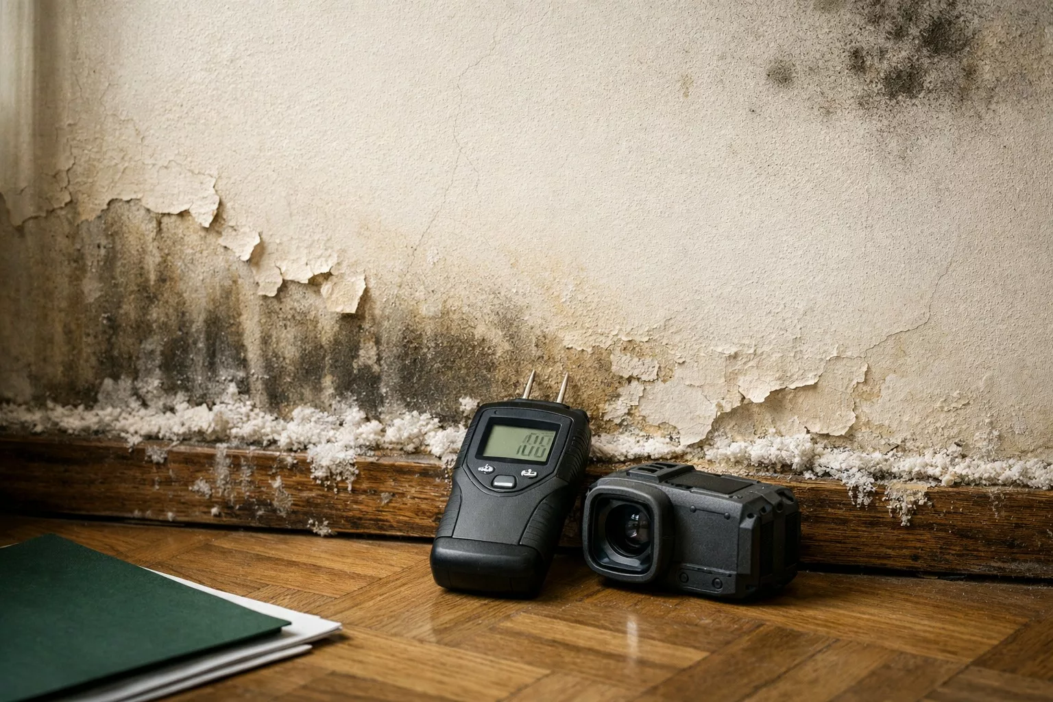 Diagnostic humidité réalisé par un expert en bâtiment sur un mur intérieur avant un achat immobilier. Score Expertises, expert bâtiment Paris et Île-de-France.