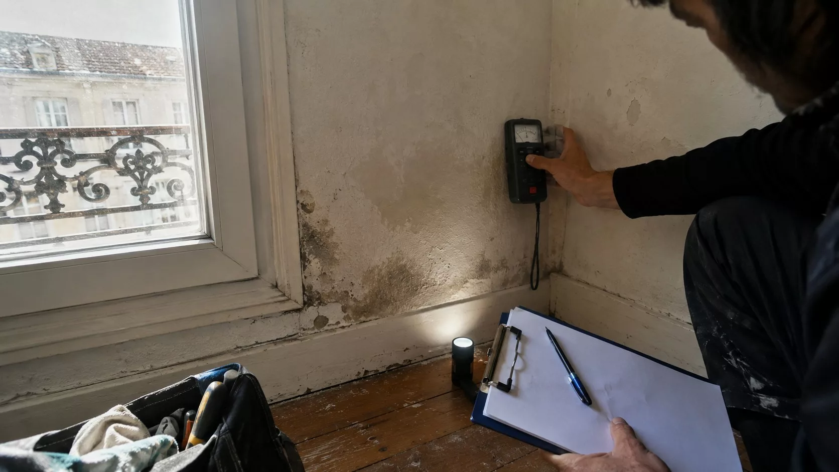 Expert réalisant un diagnostic humidité à Paris avec un humidimètre sur un mur taché et dégradé près d’une fenêtre, clipboard et outils d’inspection au sol.