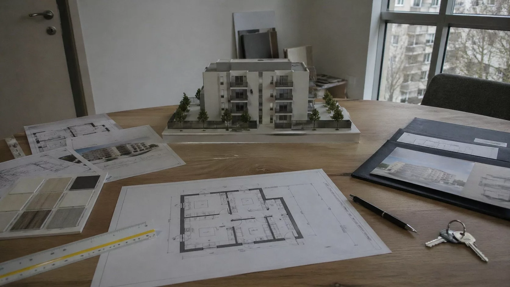 Maquette de projet immobilier posée sur les plans d'un appartement, illustrant la lecture d'un contrat de construction de maison individuelle CCMI avec fourniture de plan avant signature. Score Expertises, expert bâtiment Paris et Île-de-France.
