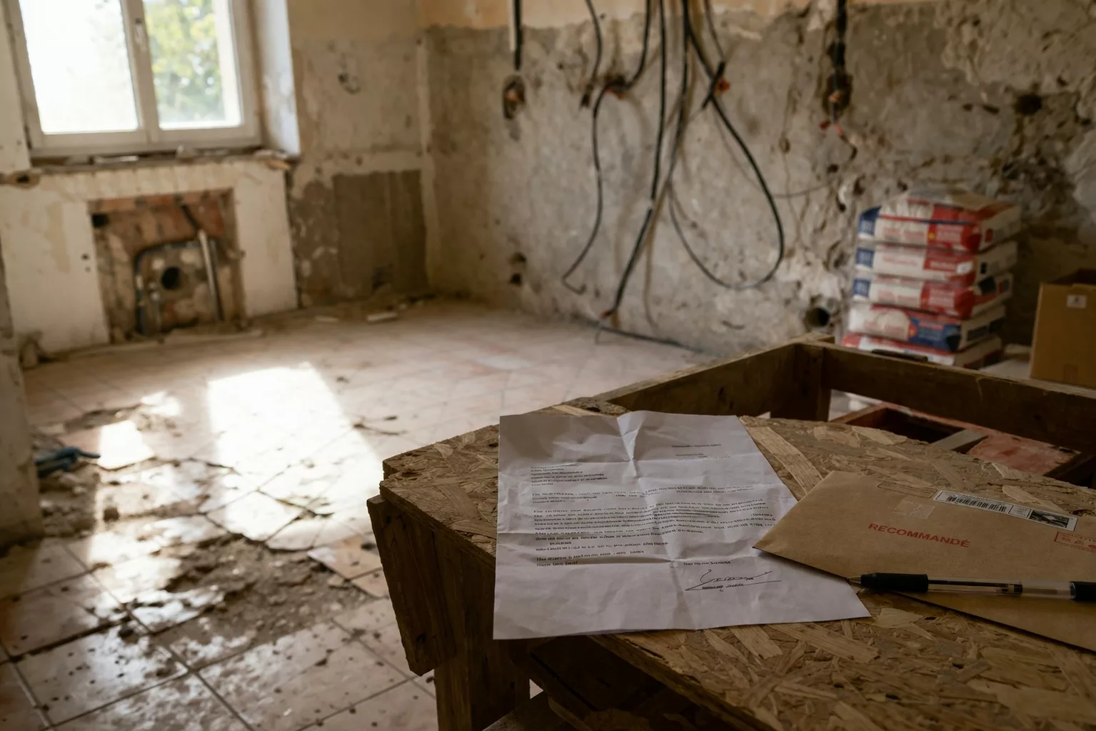 Chantier de rénovation abandonné avec lettre de mise en demeure pour travaux non effectués posée sur un établi, illustrant la situation d'un particulier confronté à un artisan défaillant