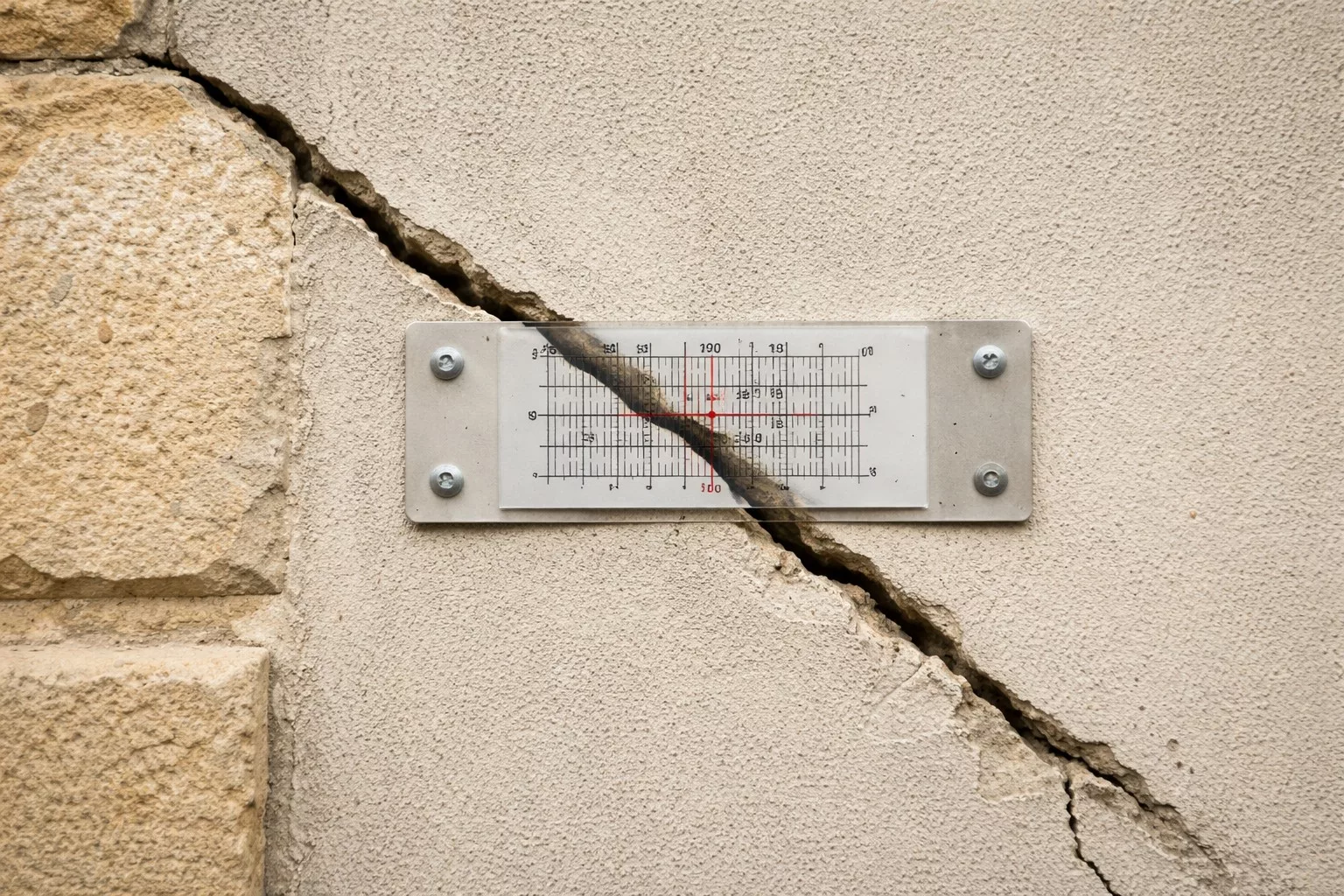 Fissure structurelle sur mur extérieur avec jauge Saugnac posée — expertise fissure en Île-de-France