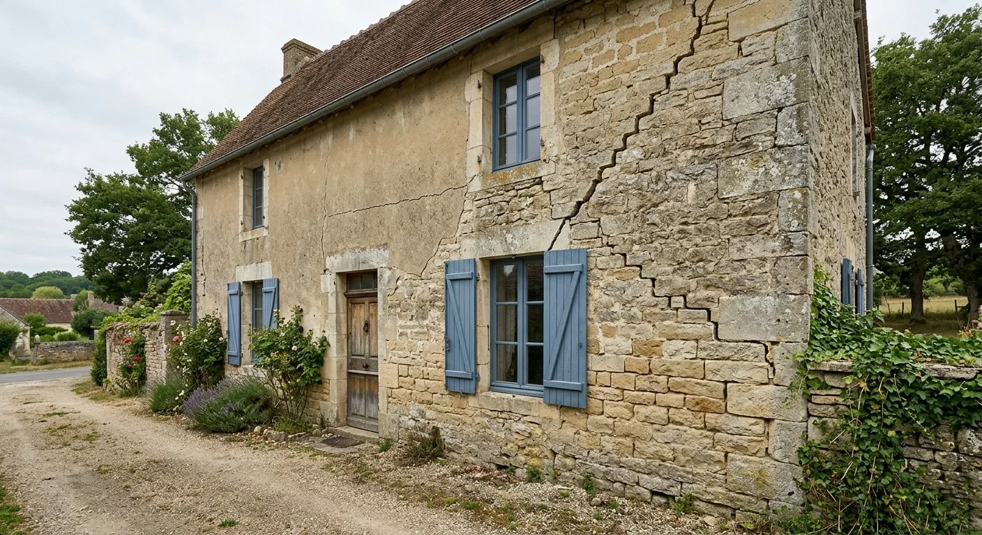 Photographie documentaire d'une façade de maison traditionnelle en pierre calcaire d'Île-de-France, présentant des fissures structurelles importantes, notamment une fissure diagonale traversant la maçonnerie sous un ciel nuageux.