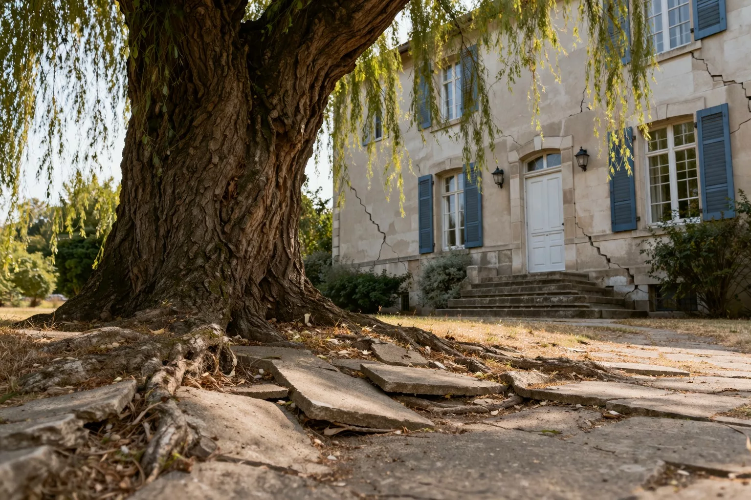 Photographie réaliste en grand angle d’un grand saule pleureur mature devant une maison traditionnelle de banlieue française, avec racines apparentes soulevant et fissurant une allée en pierre, sol sec en fin d’été et fissures diagonales visibles sur la façade maçonnée