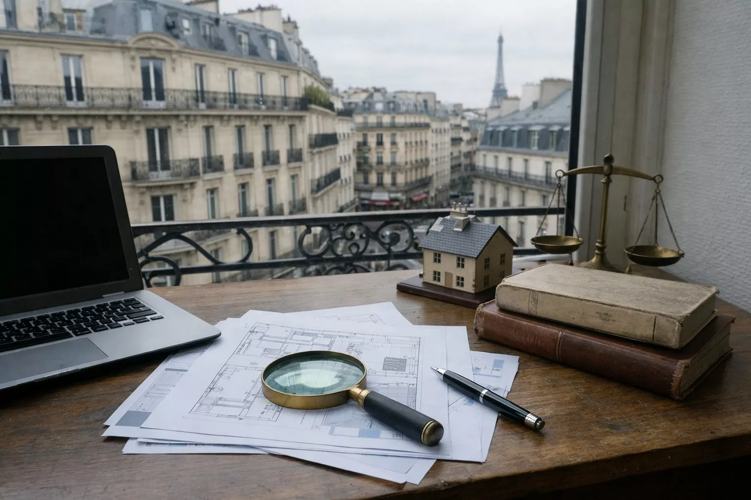 Bureau d’expert judiciaire immobilier à Paris avec plans, loupe, ordinateur portable, maquette de maison et balance de justice devant une fenêtre avec vue sur des immeubles haussmanniens et la tour Eiffel.