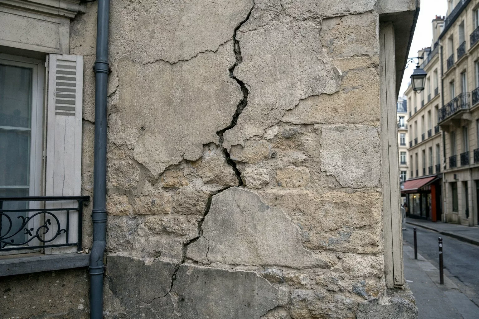 fissure importante sur mur extérieur d’un immeuble ancien à Paris, dégradation du crépi et structure visible