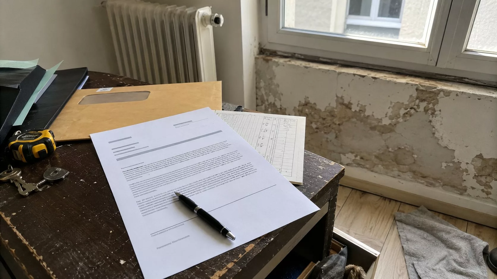 Lettre type de mise en demeure pour réparation posée sur un bureau avec stylo, enveloppe, mètre et mur intérieur abîmé par l’humidité près d’une fenêtre.