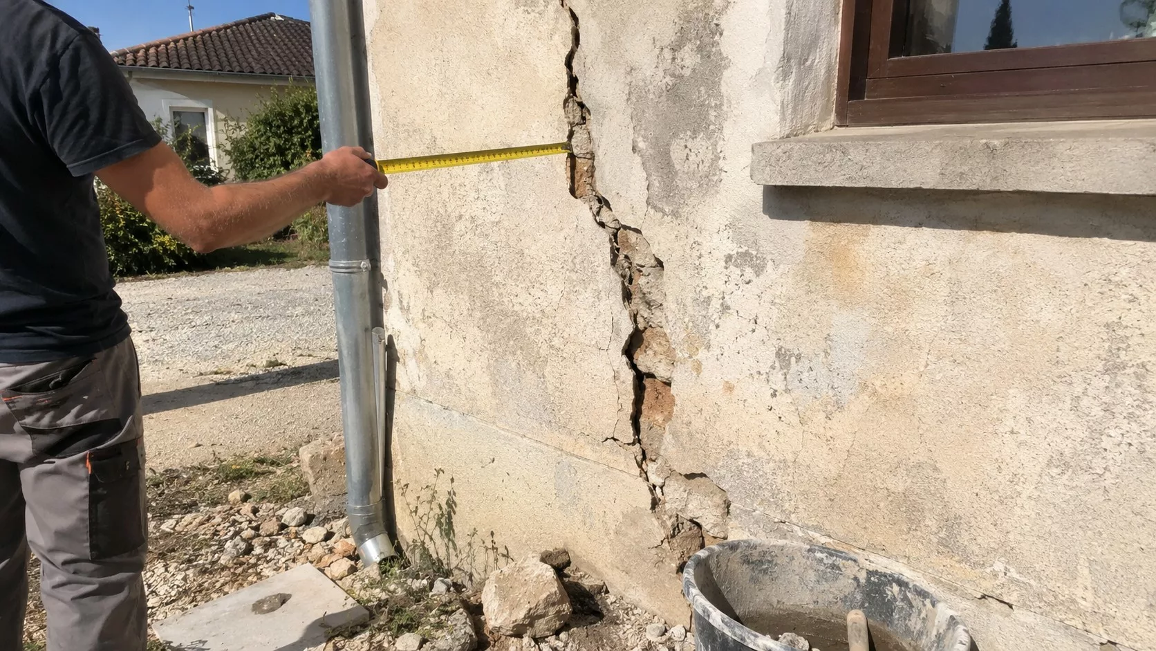Inspection d'une fissure traversante sur un mur extérieur, mesure de l'ouverture de la fissure sur une façade dégradée par un expert bâtiment