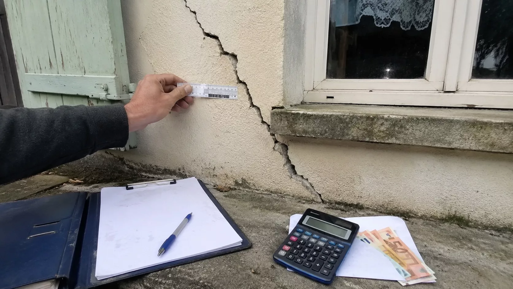 Expertise d’une fissure importante sur façade de maison avec mesure de la largeur, calculatrice et documents pour estimer le montant d’indemnisation assurance.