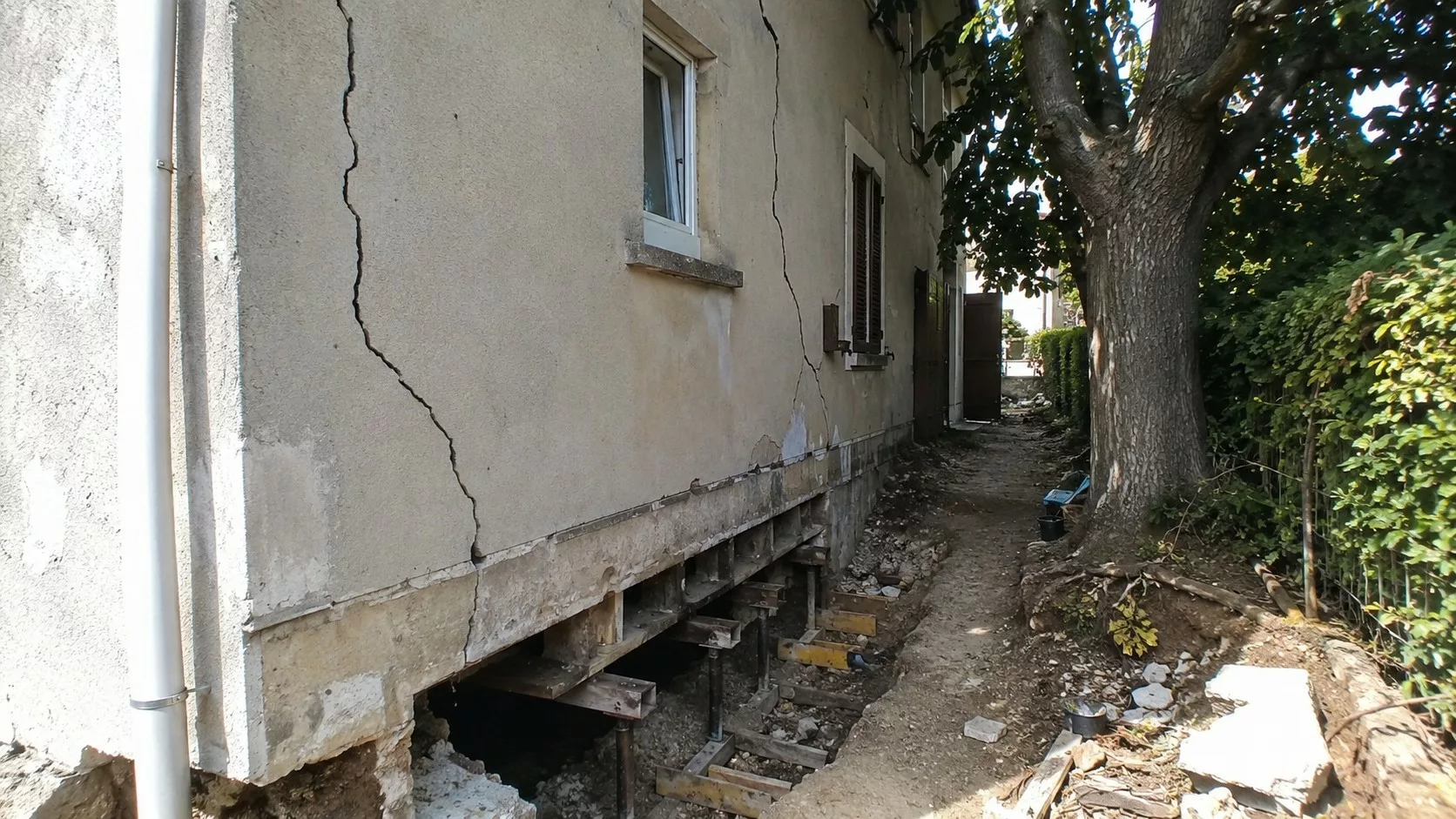 Photo réaliste d’un mur de maison fissuré à proximité d’un grand arbre voisin, avec fondations excavées, étais métalliques, tranchée de chantier et travaux de reprise en sous-œuvre pour réparer les désordres structurels liés aux racines.