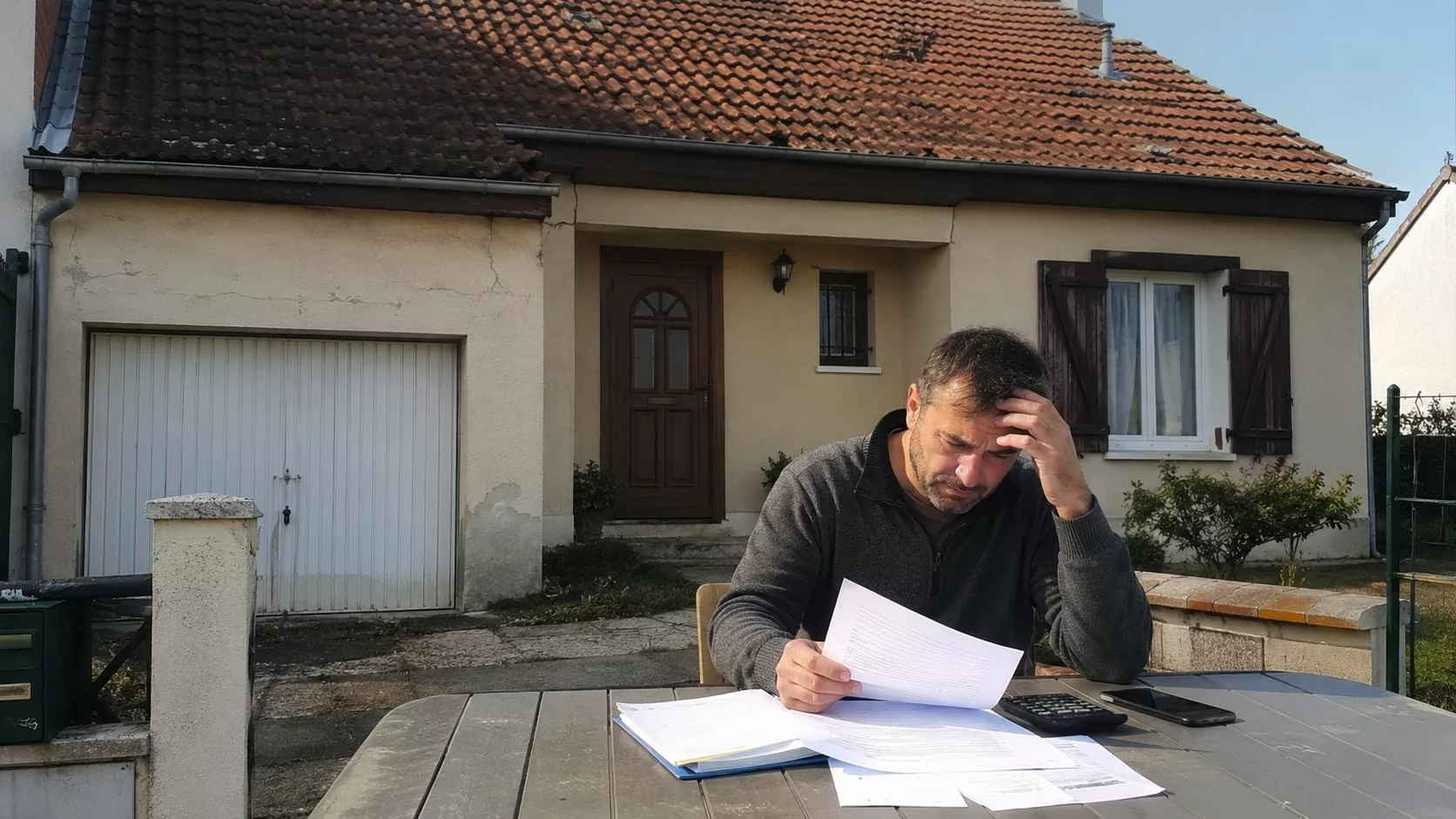 Propriétaire examinant ses documents d'assurance habitation devant sa maison après la hausse de cotisation catastrophe naturelle