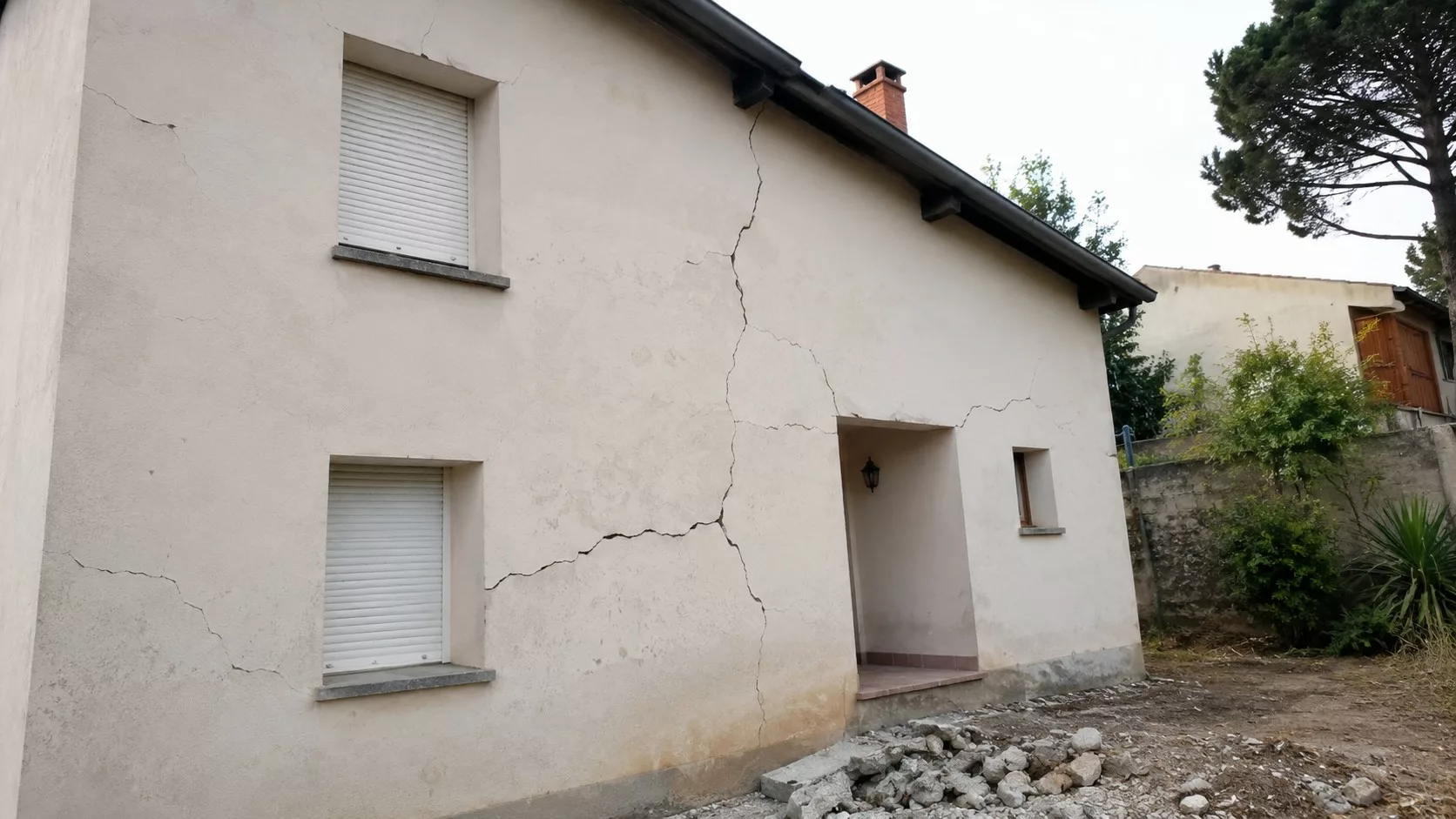 Photo réaliste d’une maison individuelle à vendre présentant de larges fissures sur la façade, avec volets fermés, crépi abîmé, traces d’humidité au bas du mur et gravats au sol, illustrant les obligations d’information, la décote immobilière et l’étude de sol avant achat.