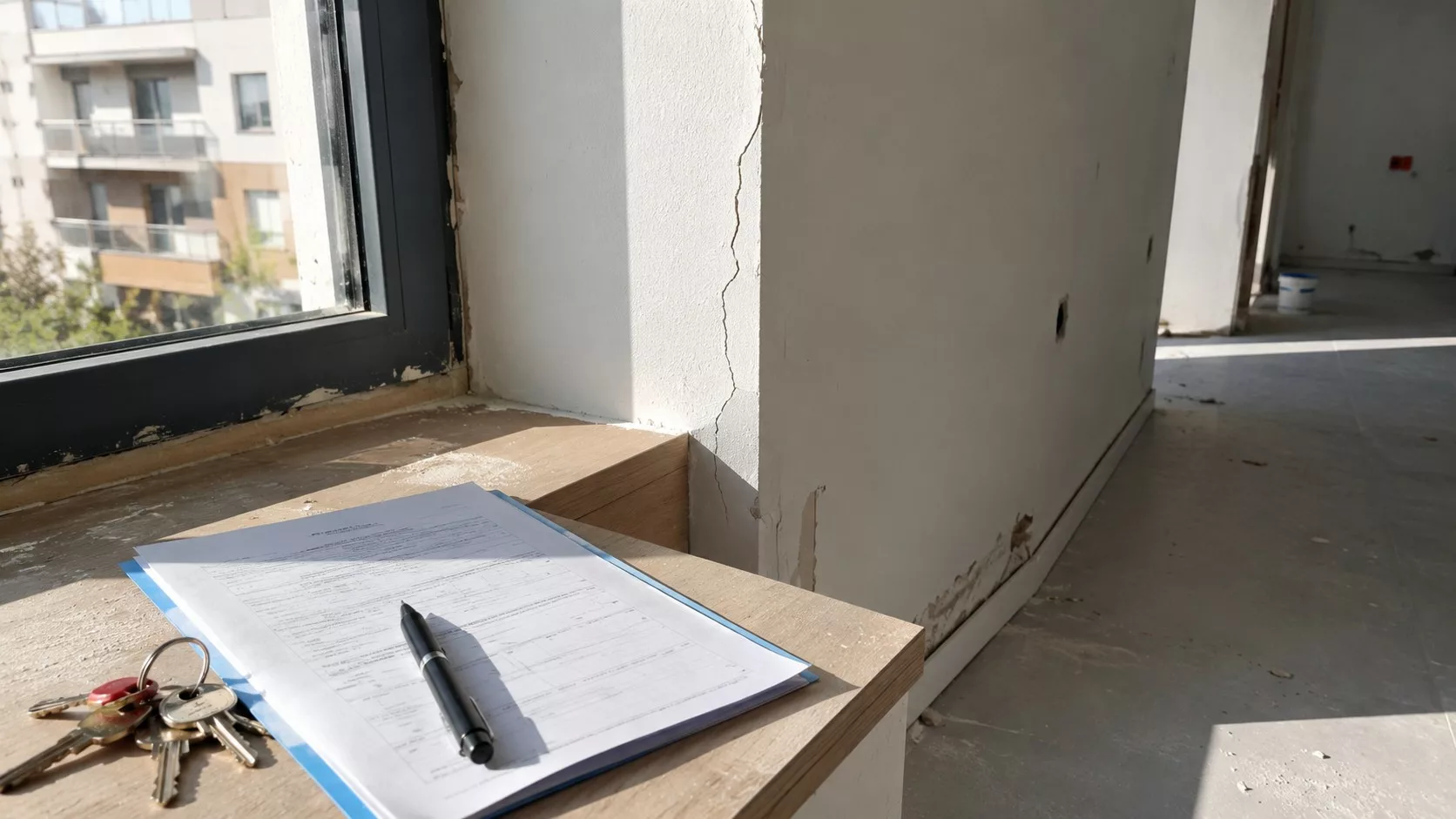 Document de réception de chantier posé avec un stylo et des clés dans un appartement neuf en plein soleil, avec fissure visible sur le mur, finitions abîmées autour de la fenêtre, plinthes mal reprises et poussière au sol, illustrant les risques d’une réception sans réserve après livraison d’un logement.