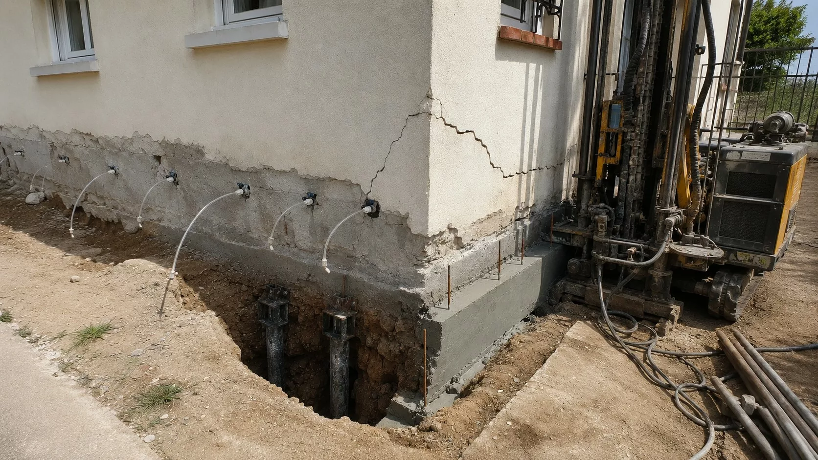 Photo documentaire réaliste d’un chantier de reprise de fissures sur une maison, avec mur extérieur lézardé, tranchée ouverte au pied des fondations, tubes d’injection de résine, élément de micropieu métallique, longrine béton armé en cours de réalisation et engin de forage visible sur le côté.