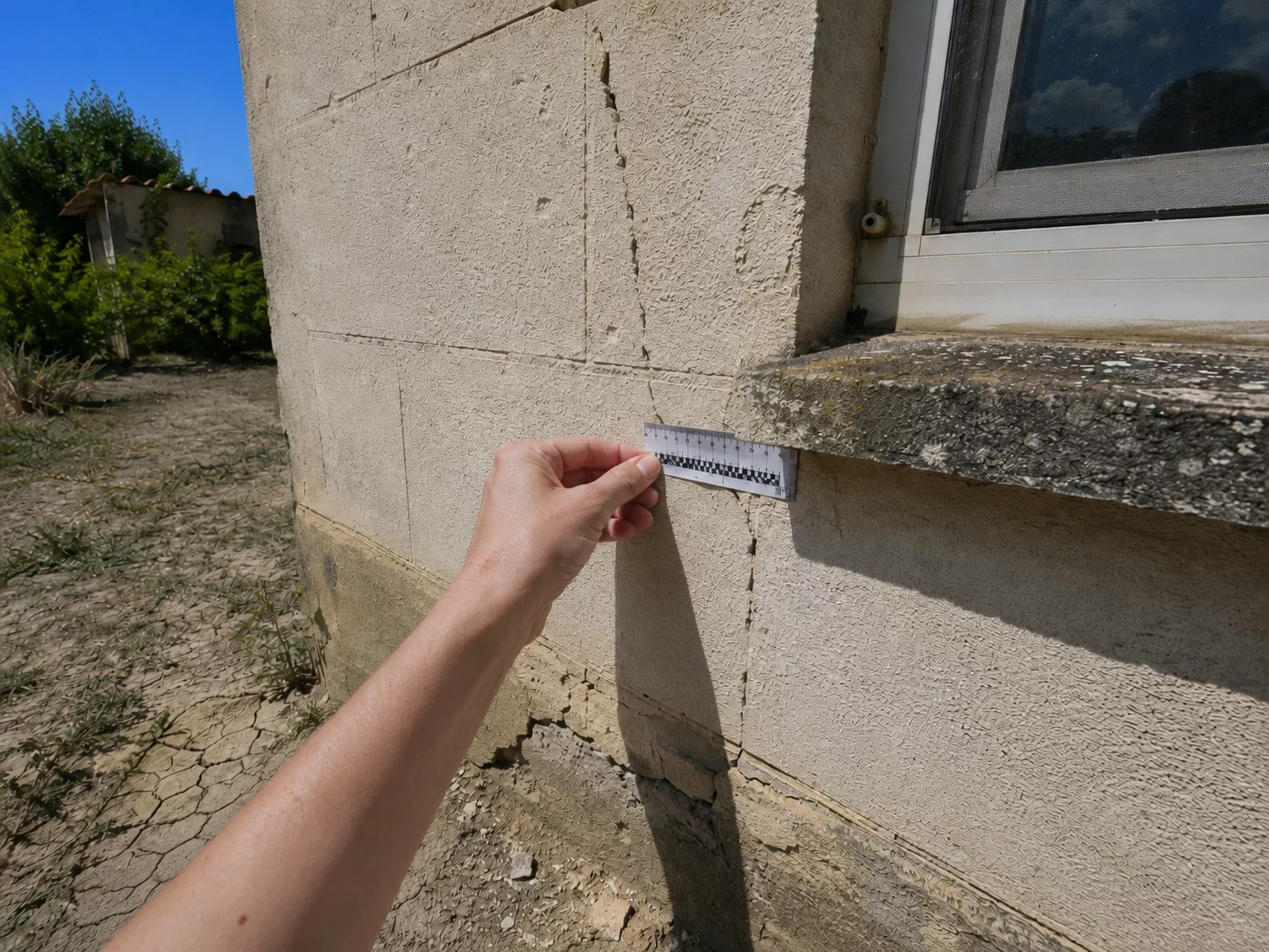 Experte en bâtiment mesurant à la réglette une fissure en escalier sur la façade d'une maison, contrôle lié à la sécheresse d'un sol argileux, photographie d'expertise fissure. Score Expertises, expert bâtiment Paris et Île-de-France.