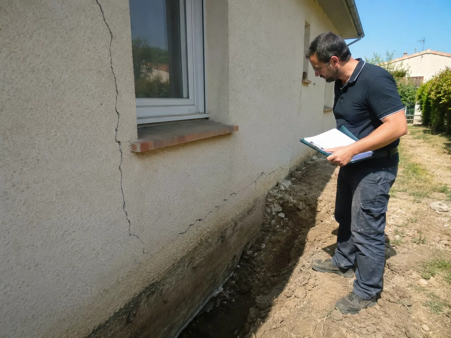 Inspection de fissures sur façade de maison liée au retrait-gonflement des argiles avec expert RGA tenant un dossier, aide prévention argile 2026, format 4/3