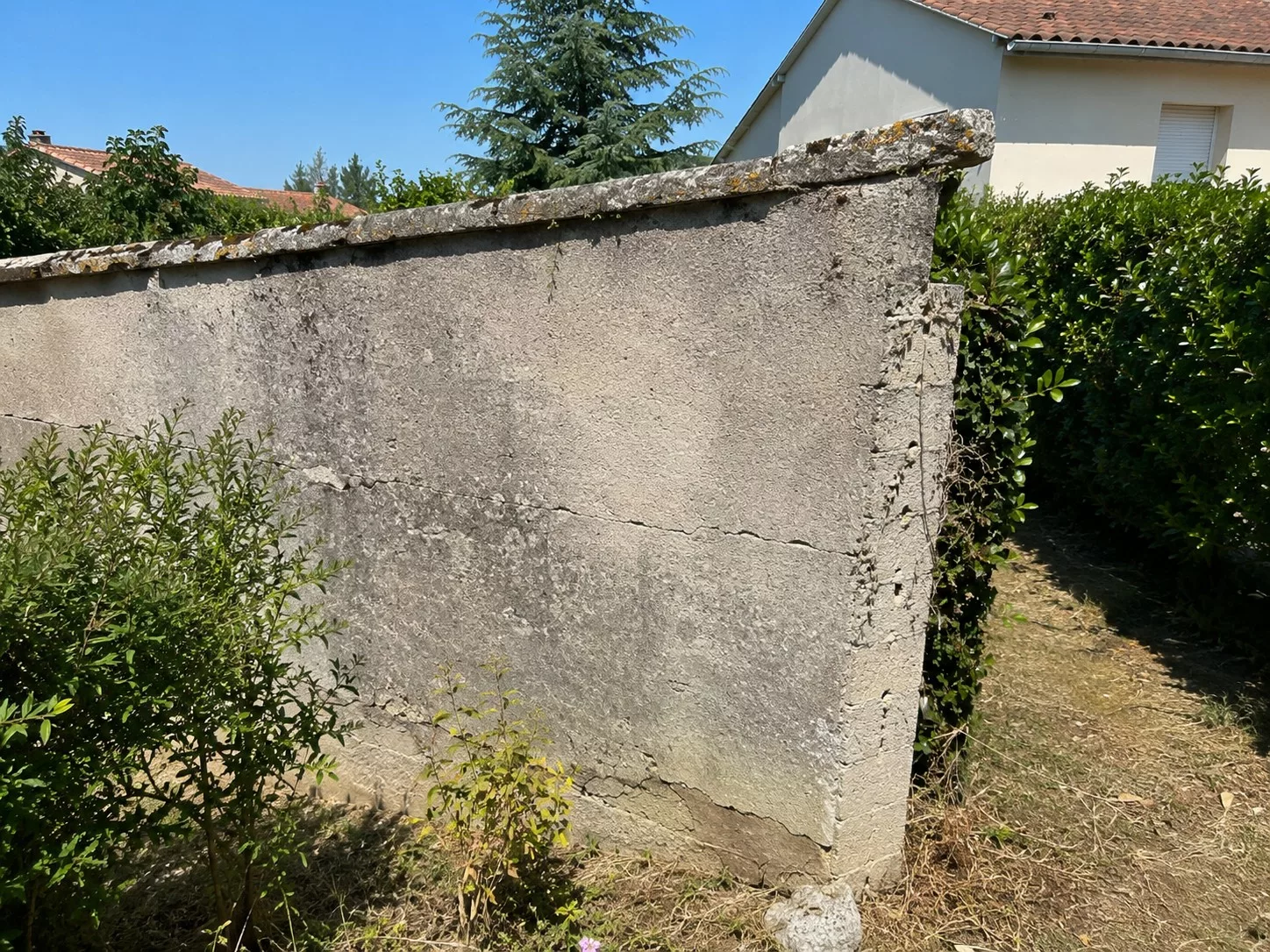 Mur de clôture incline fissure jardin entre deux proprietes francaises expertise bâtiment