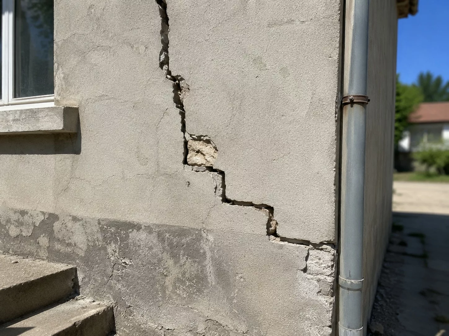 Fissure structurelle en escalier sur un mur extérieur en enduit, maçonnerie apparente et descente d'eau pluviale, expertise Score Expertises