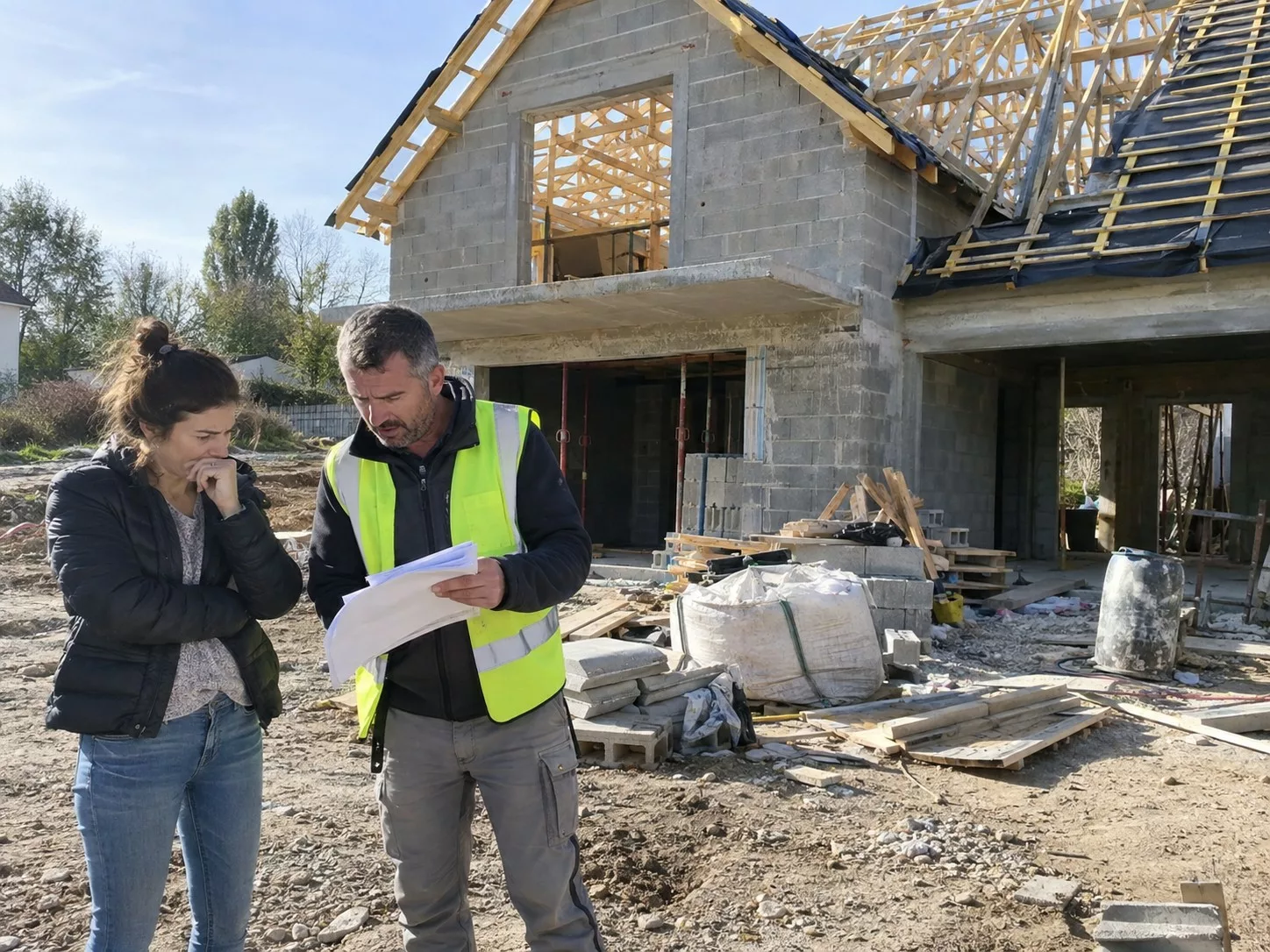 Chantier de maison individuelle inachevée, propriétaire et professionnel en gilet haute visibilité consultant des plans devant un gros œuvre en parpaings