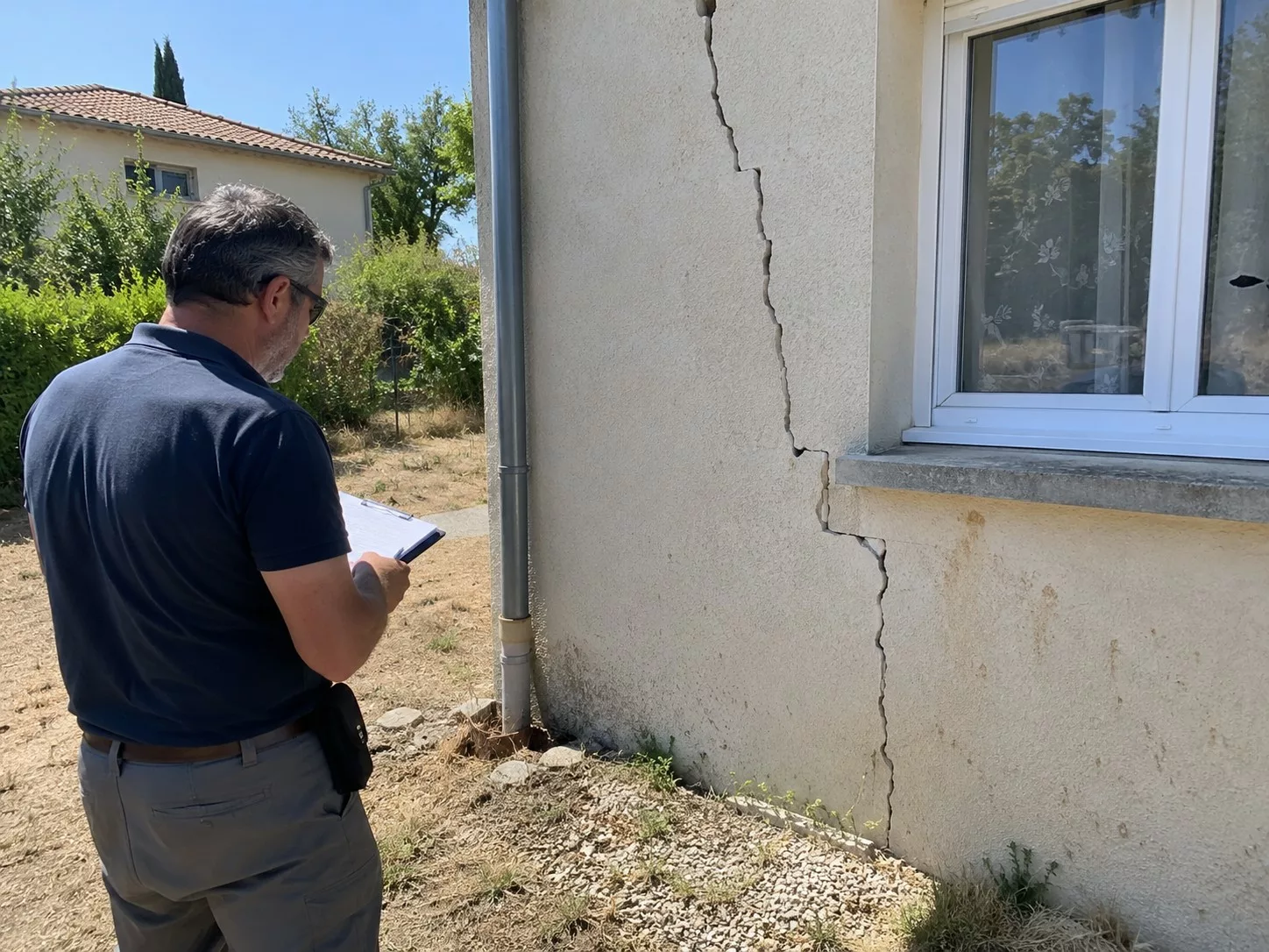 Expert en contre-expertise sécheresse inspectant une large fissure verticale traversant l’enduit de façade d’une maison