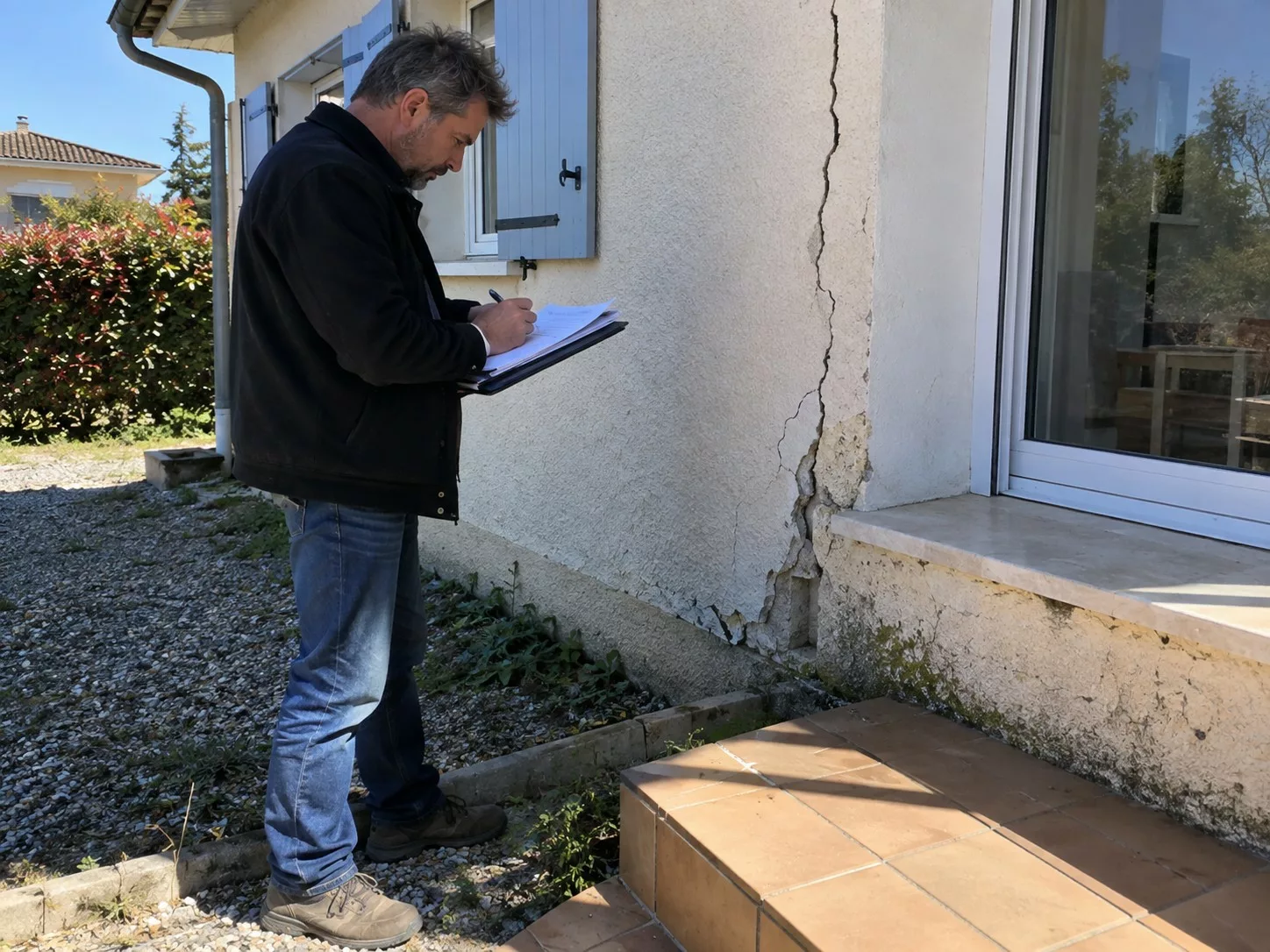 Expert en bâtiment réalisant une expertise dommage ouvrage devant la façade fissurée d’une maison individuelle