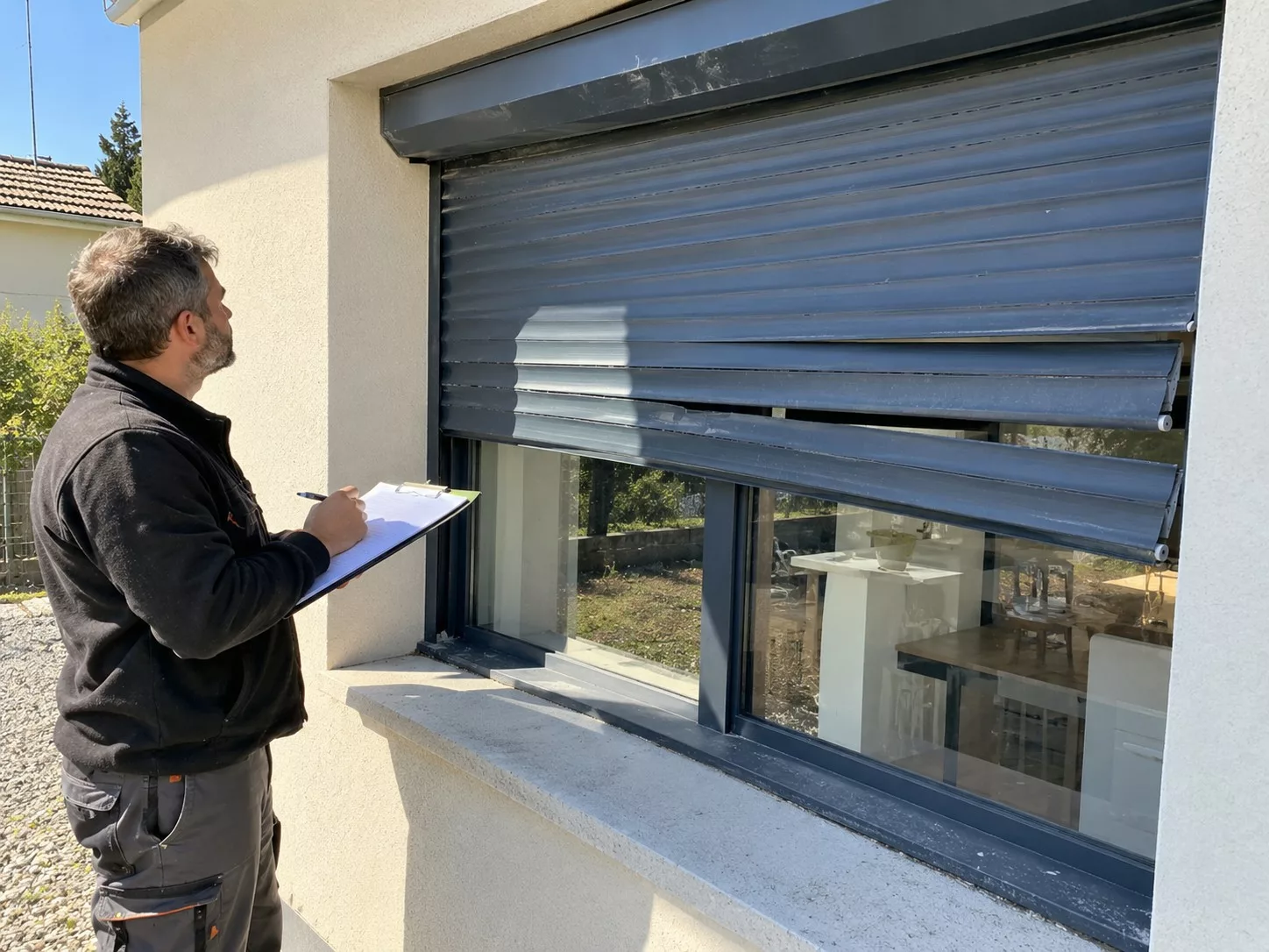 Expert du bâtiment contrôlant un volet roulant gris bloqué à mi-hauteur sur fenêtre de maison individuelle