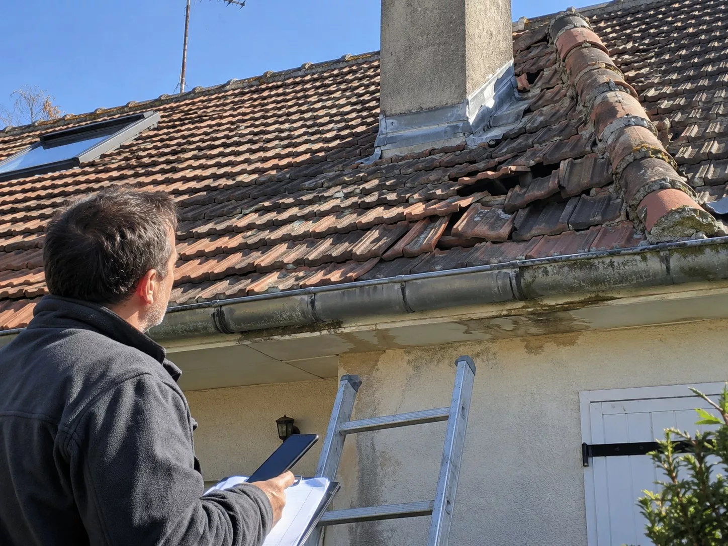 Expert bâtiment au pied d’une maison inspectant une toiture en tuiles terre cuite dégradée, tuiles déplacées et cassées